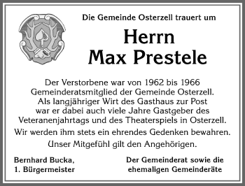 Traueranzeige von Max Prestele von Allgäuer Zeitung, Kaufbeuren/Buchloe