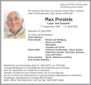 Traueranzeige von Max Prestele von Allgäuer Zeitung, Kaufbeuren/Buchloe