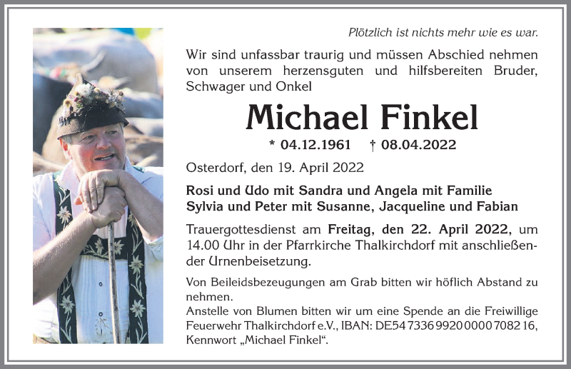  Traueranzeige für Michael Finkel vom 19.04.2022 aus Allgäuer Anzeigeblatt