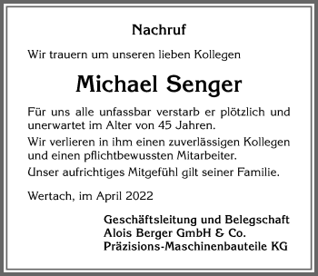Traueranzeige von Michael Senger von Allgäuer Anzeigeblatt