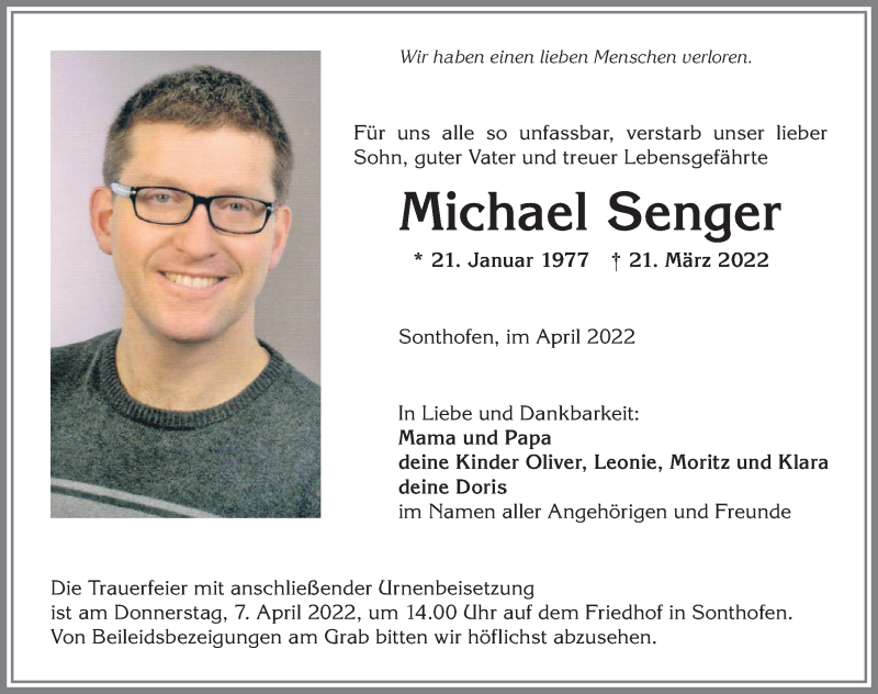  Traueranzeige für Michael Senger vom 02.04.2022 aus Allgäuer Anzeigeblatt