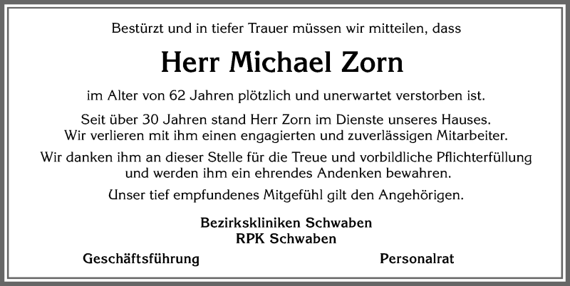  Traueranzeige für Michael Zorn vom 22.04.2022 aus Allgäuer Zeitung,Kempten
