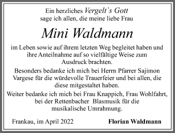 Traueranzeige von Mini Waldmann von Allgäuer Zeitung, Marktoberdorf