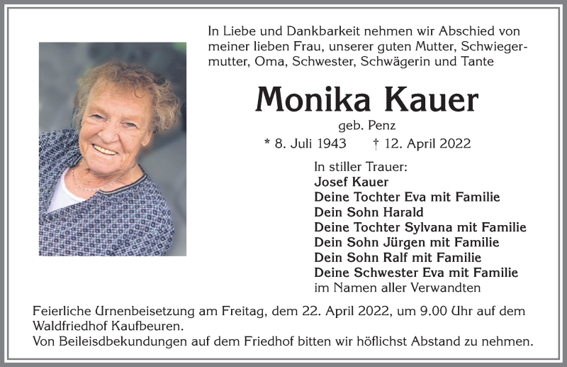  Traueranzeige für Monika Kauer vom 20.04.2022 aus Allgäuer Zeitung, Kaufbeuren/Buchloe