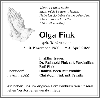 Traueranzeige von Olga Fink von Allgäuer Anzeigeblatt