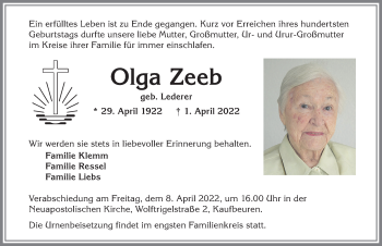 Traueranzeige von Olga Zeeb von Allgäuer Zeitung, Kaufbeuren/Buchloe