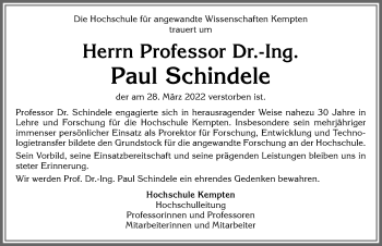 Traueranzeige von Paul Schindele von Allgäuer Zeitung,Kempten