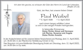 Traueranzeige von Paul Waibel von Allgäuer Zeitung,Kempten