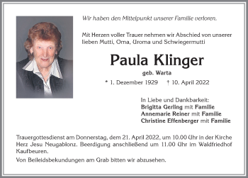 Traueranzeige von Paula Klinger von Allgäuer Zeitung, Kaufbeuren/Buchloe