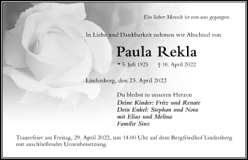 Traueranzeige von Paula Rekla von Der Westallgäuer
