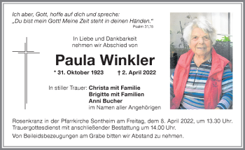 Traueranzeige von Paula Winkler von Memminger Zeitung