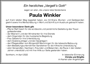 Traueranzeige von Paula Winkler von Memminger Zeitung