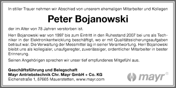 Traueranzeige von Peter Bojanowski von Allgäuer Zeitung, Kaufbeuren/Buchloe