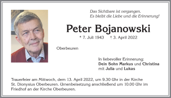 Traueranzeige von Peter Bojanowski von Allgäuer Zeitung, Kaufbeuren/Buchloe