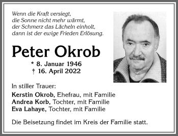 Traueranzeige von Peter Okrob von Allgäuer Zeitung, Kaufbeuren/Buchloe