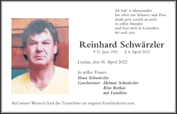 Traueranzeige von Reinhard Schwärzler von Der Westallgäuer