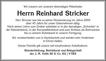 Traueranzeige von Reinhard Stricker von Allgäuer Anzeigeblatt