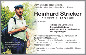 Traueranzeige von Reinhard Stricker von Memminger Zeitung