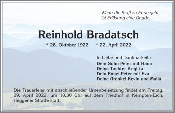 Traueranzeige von Reinhold Bradatsch von Allgäuer Zeitung,Kempten