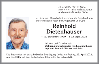 Traueranzeige von Reinhold Dietenhauser von Allgäuer Zeitung,Kempten