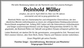 Traueranzeige von Reinhold Müller von Der Westallgäuer