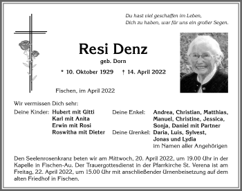 Traueranzeige von Resi Denz von Allgäuer Anzeigeblatt