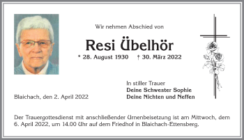 Traueranzeige von Resi Übelhör von Allgäuer Anzeigeblatt
