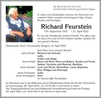 Traueranzeige von Richard Feurstein von Allgäuer Anzeigeblatt