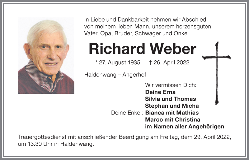 Traueranzeige für Richard Weber vom 27.04.2022 aus Allgäuer Zeitung,Kempten