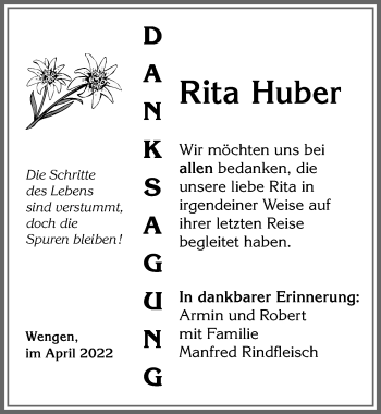 Traueranzeige von Rita Huber von Allgäuer Zeitung,Kempten