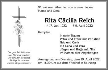 Traueranzeige von Rita Cäcilia Reich von Allgäuer Zeitung,Kempten