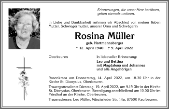 Traueranzeige von Rosina Müller von Allgäuer Zeitung, Kaufbeuren/Buchloe