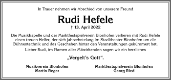 Traueranzeige von Rudi Hefele von Allgäuer Zeitung, Kaufbeuren/Buchloe