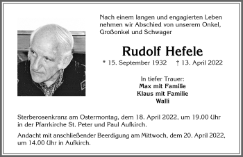 Traueranzeige von Rudolf Hefele von Allgäuer Zeitung, Kaufbeuren/Buchloe