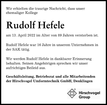 Traueranzeige von Rudolf Hefele von Allgäuer Zeitung, Kaufbeuren/Buchloe