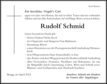 Traueranzeige von Rudolf Schmid von Der Westallgäuer