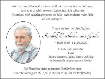 Traueranzeige von Rudolf Bartholomäus Gailer von Memminger Zeitung