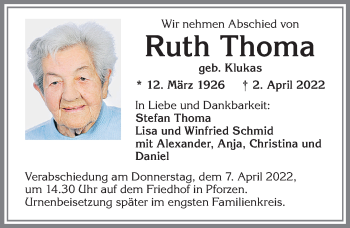 Traueranzeige von Ruth Thoma von Allgäuer Zeitung, Kaufbeuren/Buchloe
