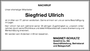 Traueranzeige von Siegfried Ullrich von Memminger Zeitung