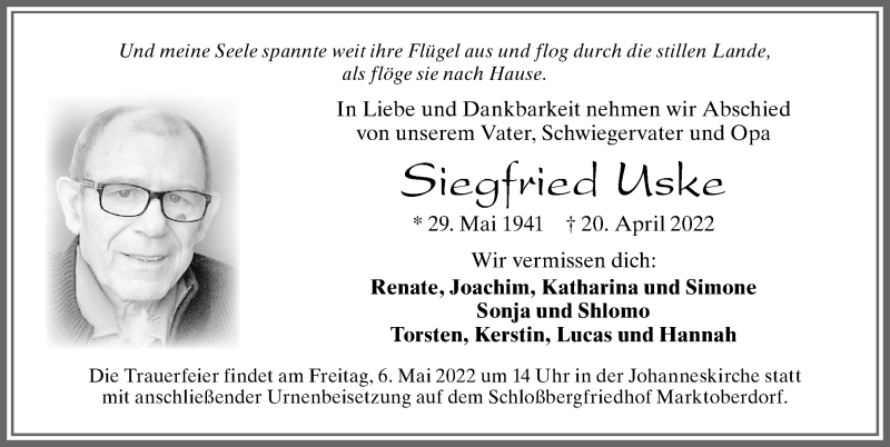  Traueranzeige für Siegfried Uske vom 30.04.2022 aus Allgäuer Zeitung, Marktoberdorf