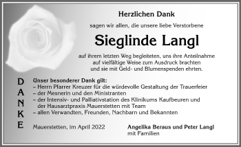 Traueranzeige von Sieglinde Langl von Allgäuer Zeitung, Kaufbeuren/Buchloe