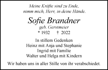 Traueranzeige von Sofie Brandner von Allgäuer Zeitung, Füssen