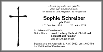 Traueranzeige von Sophie Schreiber von Allgäuer Zeitung, Kaufbeuren/Buchloe