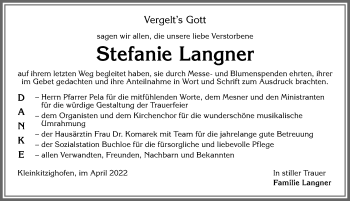 Traueranzeige von Stefanie Langner von Allgäuer Zeitung, Kaufbeuren/Buchloe