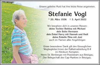 Traueranzeige von Stefanie Vogl von Allgäuer Zeitung, Kaufbeuren/Buchloe