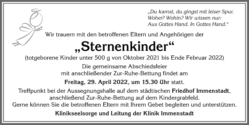  Traueranzeige für Sternenkinder  vom 29.04.2022 aus Allgäuer Anzeigeblatt