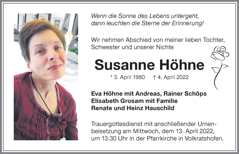  Traueranzeige für Susanne Höhne vom 09.04.2022 aus Memminger Zeitung