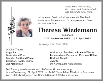 Traueranzeige von Therese Wiedemann von Allgäuer Anzeigeblatt