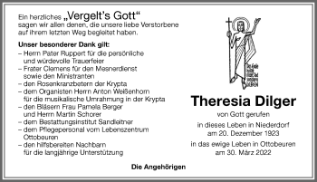Traueranzeige von Theresia Dilger von Memminger Zeitung