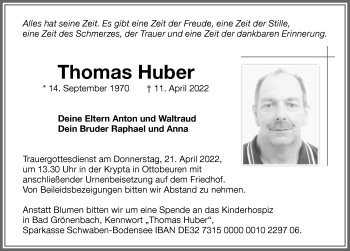 Traueranzeige von Thomas Huber von Memminger Zeitung